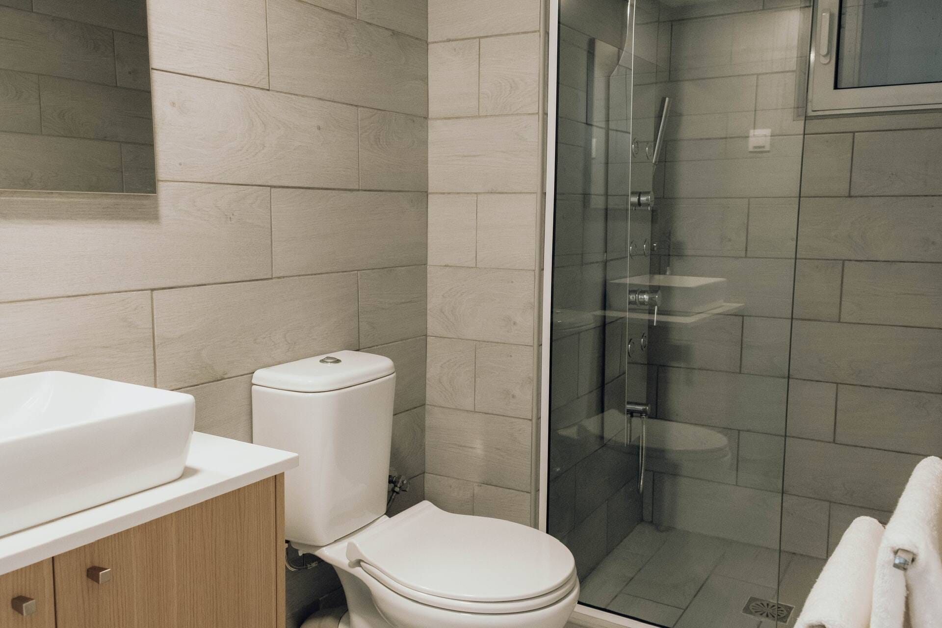 Bathroom with shower, basin and toilet