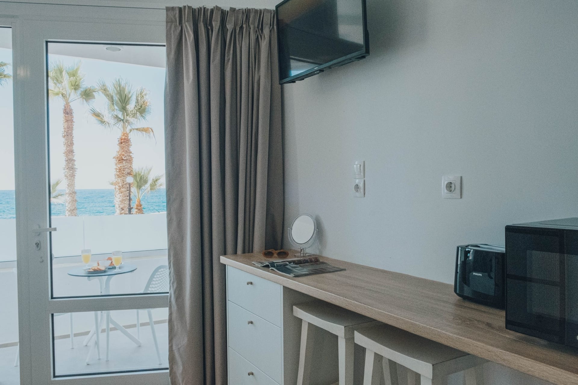 Desk with the flat screen television above